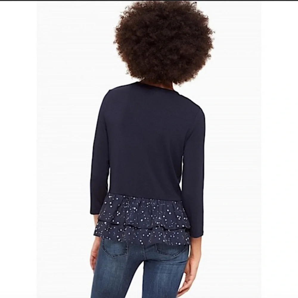 NWT KATE‎ SPADE Top Star Print Tiered Ruffle Peplum 3/4 Sleeve in Navy Size M